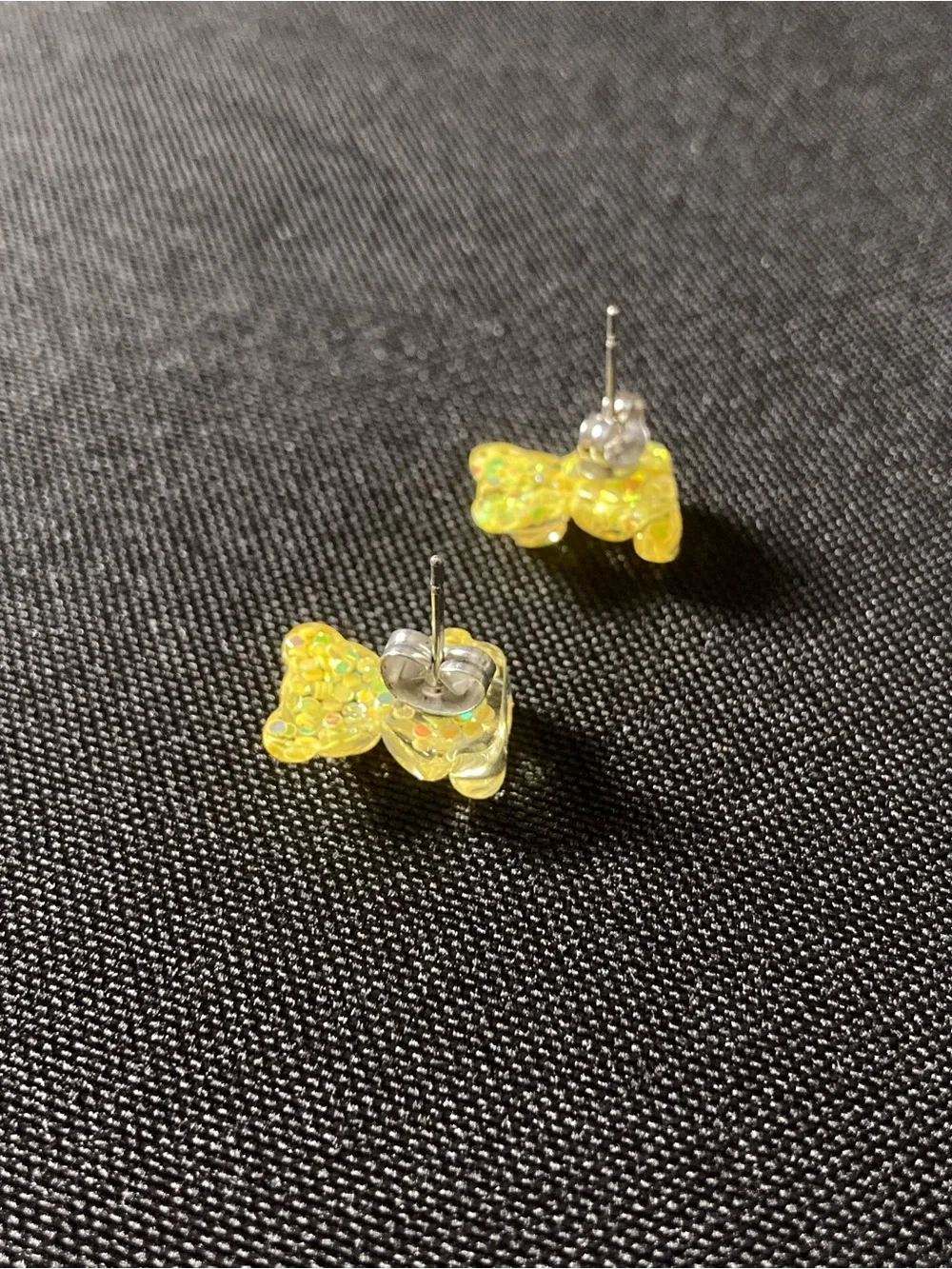 Handmade Resin Yellow And Green Glittery Mini Teddy Bear Stud Earrings
